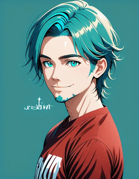 PonyXLV6_Scores , 25d Style, solo, looking at viewer, smile, short hair, simple background, shirt, 1boy, closed mouth, blue hair, upper body, male focus, artist name, from side, aqua eyes, parted bangs, aqua hair, facial hair, thick eyebrows, red shirt, portrait, 1boy, male focus, solo, red shirt, looking at viewer, shirt, facial hair, simple background, blue hair, aqua eyes, <lora:25DPDXL:1>