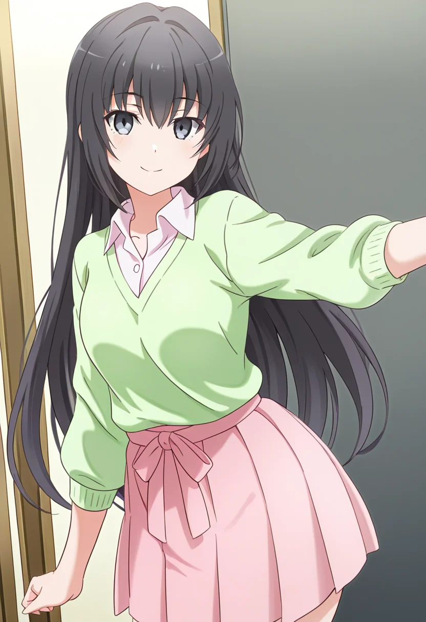 1girl, oregairumiagup, black hair, very long hair, black eyes, collared shirt, white shirt, green sweater, pink skirt, skirt under dress, pleated skirt, looking at viewer, smile, cute, season2art, <lora:RumiHighSchool_ill_v2:1>, masterpiece, best quality, high quality, detailed, absurdres