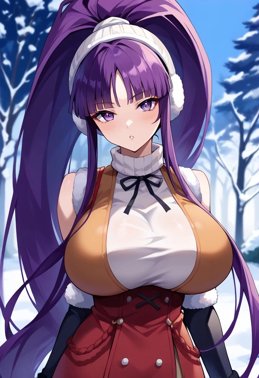 score_9, perfection, source_anime, perfect anatomy, hentai, sexy, alluring, seductive, 1girl, solo,  score_9, score_8_up, score_7_up, score_6_up, source_anime, 1girl, solo,  <lora:misonokirika-pdxl-nvwls-v1-000005:1> misonokirika, purple hair, very long hair, high ponytail, purple eyes, parka. Snowy park. Mittens, earmuffs