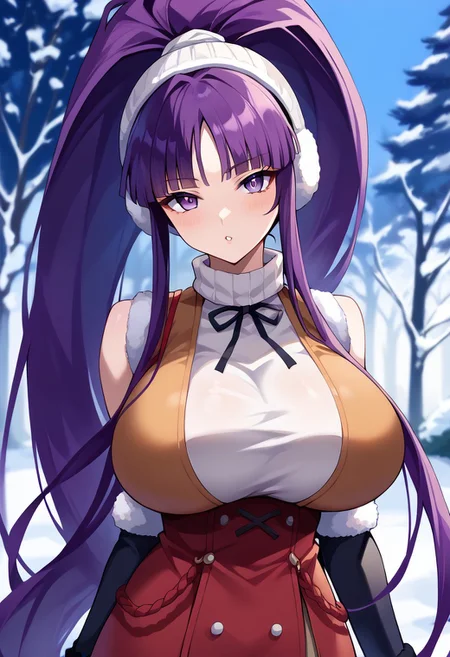 score_9, perfection, source_anime, perfect anatomy, hentai, sexy, alluring, seductive, 1girl, solo,  score_9, score_8_up, score_7_up, score_6_up, source_anime, 1girl, solo,  <lora:misonokirika-pdxl-nvwls-v1-000005:1> misonokirika, purple hair, very long hair, high ponytail, purple eyes, parka. Snowy park. Mittens, earmuffs