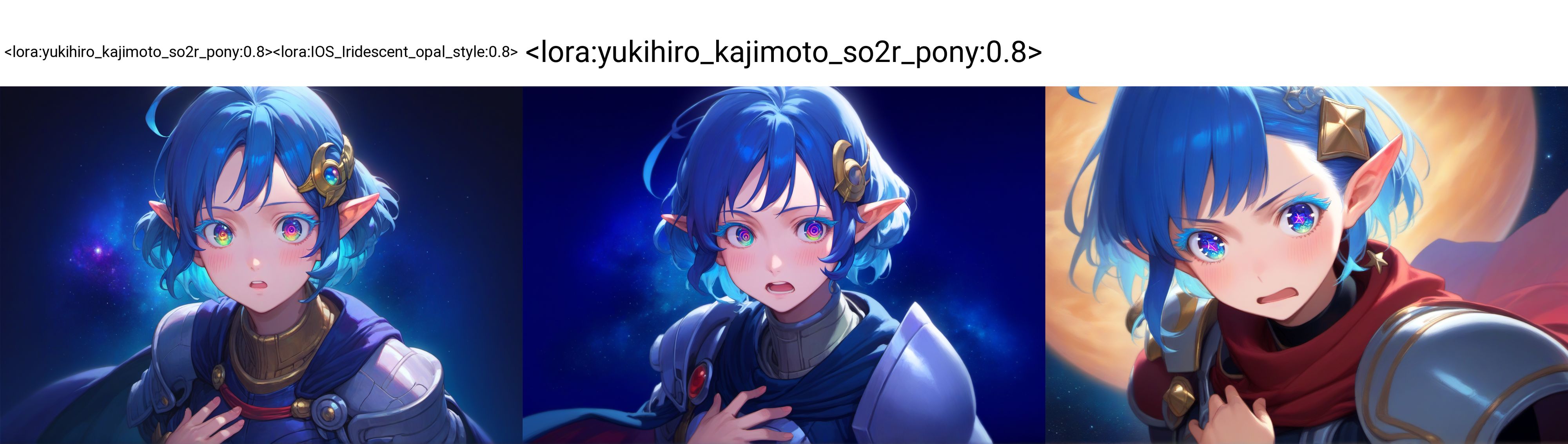 score_9, score_8_up, score_7_up, score_6_up,
star ocean, 1girl, rena lanford, ahoge, armor, [blue:opal:0.5] eyes, blue hair, cape, hair ornament, pleated skirt, pointy ears, short hair, beautiful detailed eyes, jirai kei, colored eyelashes, :o, shocked, hand on chest, blush, cute,
from above, upper body, (close-up:1.4), space, star \(sky\), spiral galaxy, official wallpaper, backlighting,
<lora:yukihiro_kajimoto_so2r_pony:0.8><lora:IOS_Iridescent_opal_style:0.8>