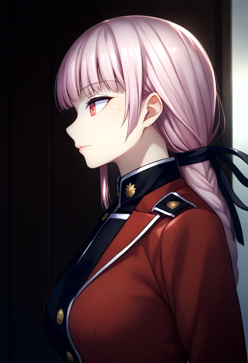 (zPDXL3), 
(zPDXLxxx), 
1girl, 
solo,
nightingale, red eyes, light pink hair, long hair, blunt bangs, braid, low hair ring, black ribbon, hair ribbon,
military uniform, red jacket, belt, white gloves, black skirt, pleated skirt, white pantyhose, white knee boots,
side view, 
bust up,