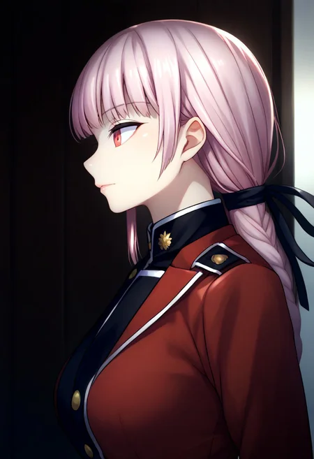 (zPDXL3), 
(zPDXLxxx), 
1girl, 
solo,
nightingale, red eyes, light pink hair, long hair, blunt bangs, braid, low hair ring, black ribbon, hair ribbon,
military uniform, red jacket, belt, white gloves, black skirt, pleated skirt, white pantyhose, white knee boots,
side view, 
bust up,