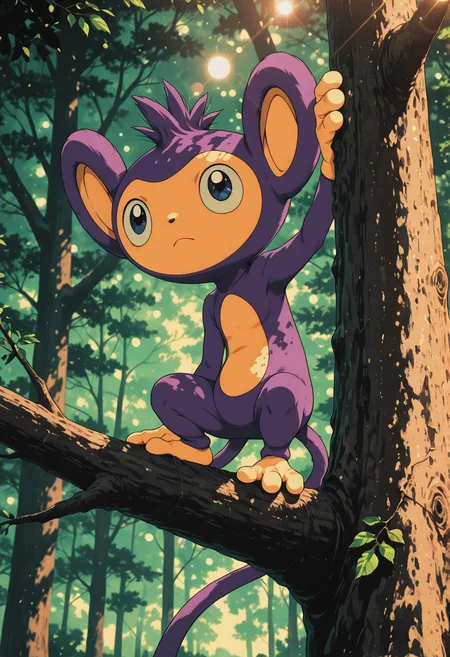 aipom, (aipom_(pokemon):1.2), pokemon, 
depth of field, climbing on tree, vertical, tree bark, extreme close up, bookeh, lens flare, nature, leaves, forest, dramatic lighting,, detailed eyes, perfect eyes, realistic eyes,, masterpiece, best_quality, amazing_quality, very_aesthetic, 8k, high_quality, highres, absurdres, subject_focus,, <lora:AddMicroDetails_Illustrious:0.5>, anime screencap, anime coloring, pinkretroanime, retro art, in the style of cksc, <lora:ChronoKnight_Neurocore_Shadow_Circuit:0.6><lora:WhiteZ_AnimeScreencap:0.1><lora:Pinkielicious_RetroAnime:0.3>