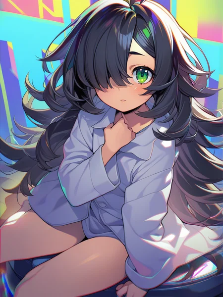 1girl, onono imoko, black hair, green eyes, hair over one eye, messy hair, solo, sitting, masterpiece, chromatic aberration, multicolored background