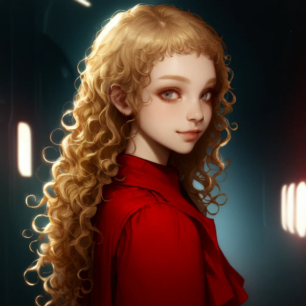masterpiece, best quality, very aesthetic, kukrushka, 1girl, blonde hair, long hair, grey eyes, solo, lips, wavy hair, red dress, young, (realistic:0.1), spaceship interior, side look, looking at viewer, curioius face, light smile