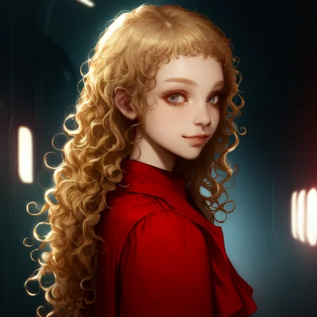 masterpiece, best quality, very aesthetic, kukrushka, 1girl, blonde hair, long hair, grey eyes, solo, lips, wavy hair, red dress, young, (realistic:0.1), spaceship interior, side look, looking at viewer, curioius face, light smile