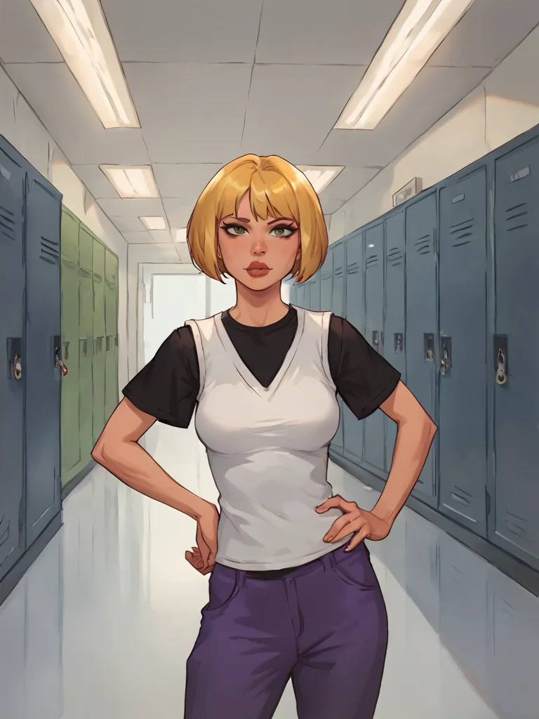 nazz, lips, white vest, 1girl, black t-shirt, solo, blonde hair, short hair, purple pants, bob cut, ,looking at viewer,simple background, breasts, ,hand on own hip, school,locker, hallway, <lora:Smooth Anime Style LoRA XL:1> <lora:NazzPony1.0:0.6>, score_9, score_8_up,