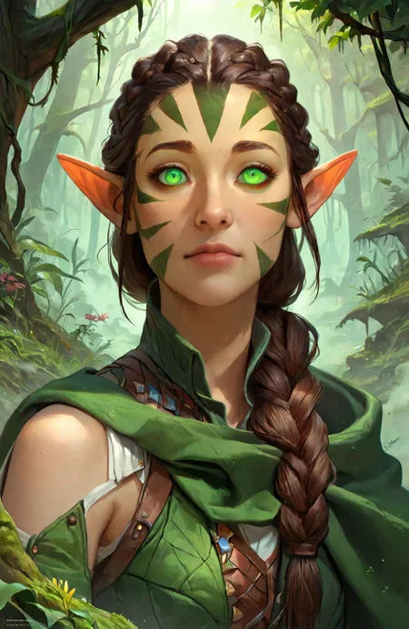 <lora:nissa_pny-9:0.8> nissa, portrait, 1girl, brown hair, braid, green eyes, pointy ears, facial mark, outdoors, forest, moss, roots, light particles, fog, source_cartoon, photoshop \(medium\),, score_9, score_8_up, score_7_up, score_6_up, score_5_up, score_4_up, ponypositive,, (masterpiece, perfectly detailed, detailed face, detailed eyes, beautiful eyes), (ultra HD quality details), 8K, extremely detailed, highres