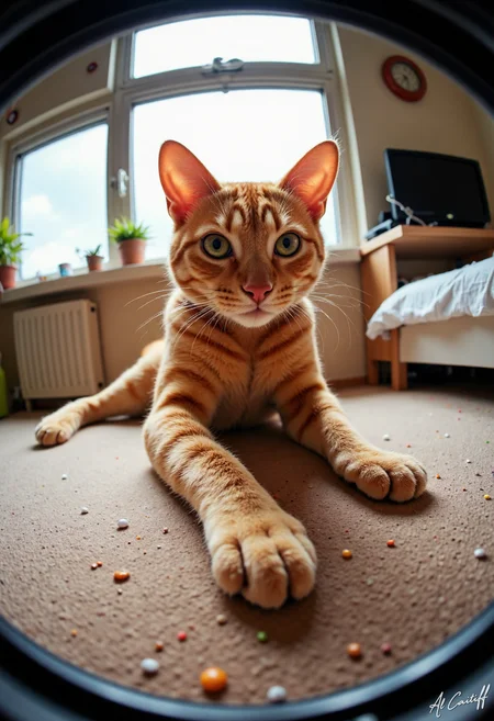 pincushion, fish eye lens, shallow deph of view, an orange cat taping the camera<lora:00-test/UltraDynamic-a5.safetensors:1.0:1.0>
