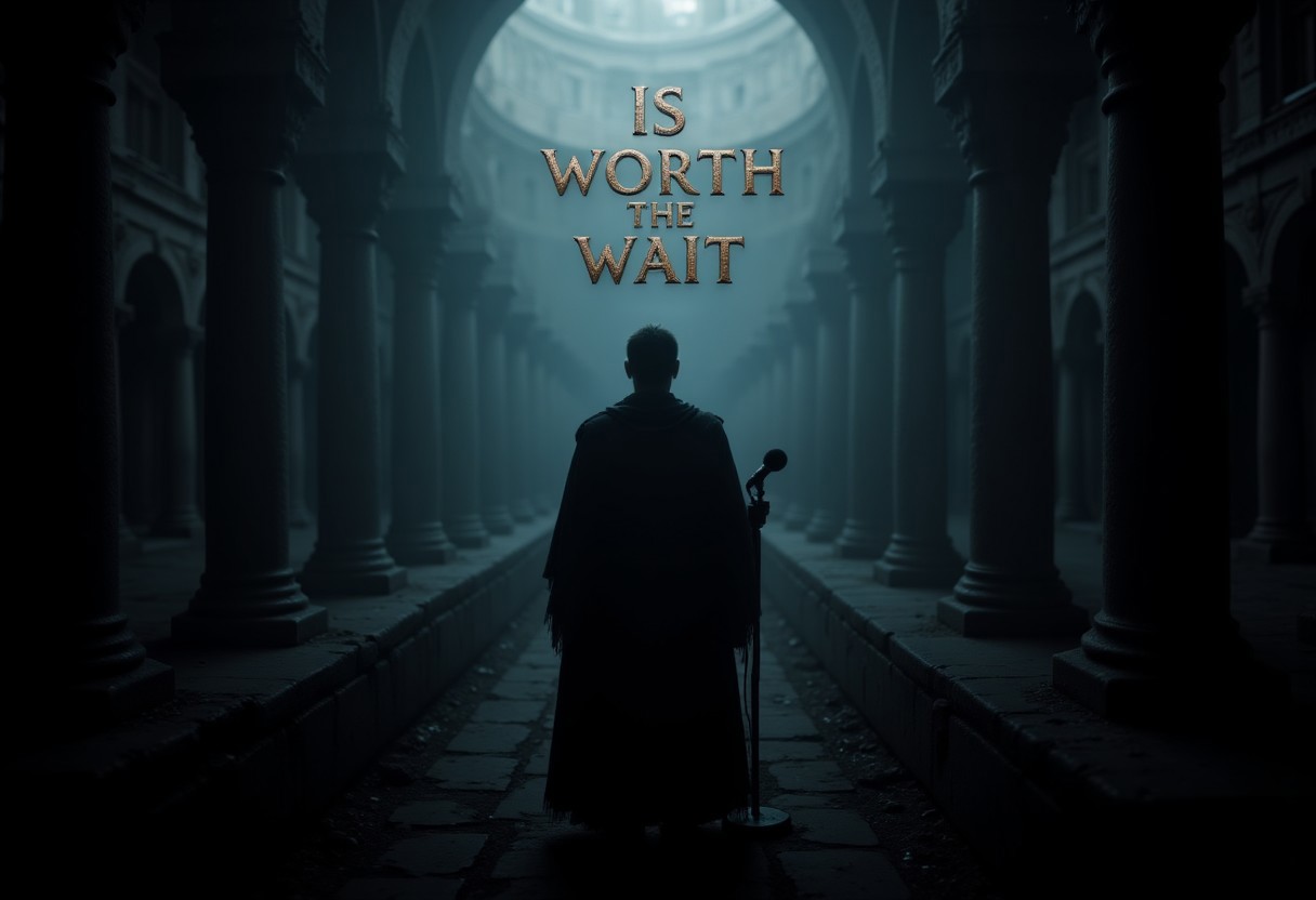 Song cover photo, Dark  silhouette of a gladiator with a microphone, inside a medieval colosseum temple with columns dark ambience, with text:"IS Worth the Wait" made with steel , aidmaabdhr, aidmaTextImprover