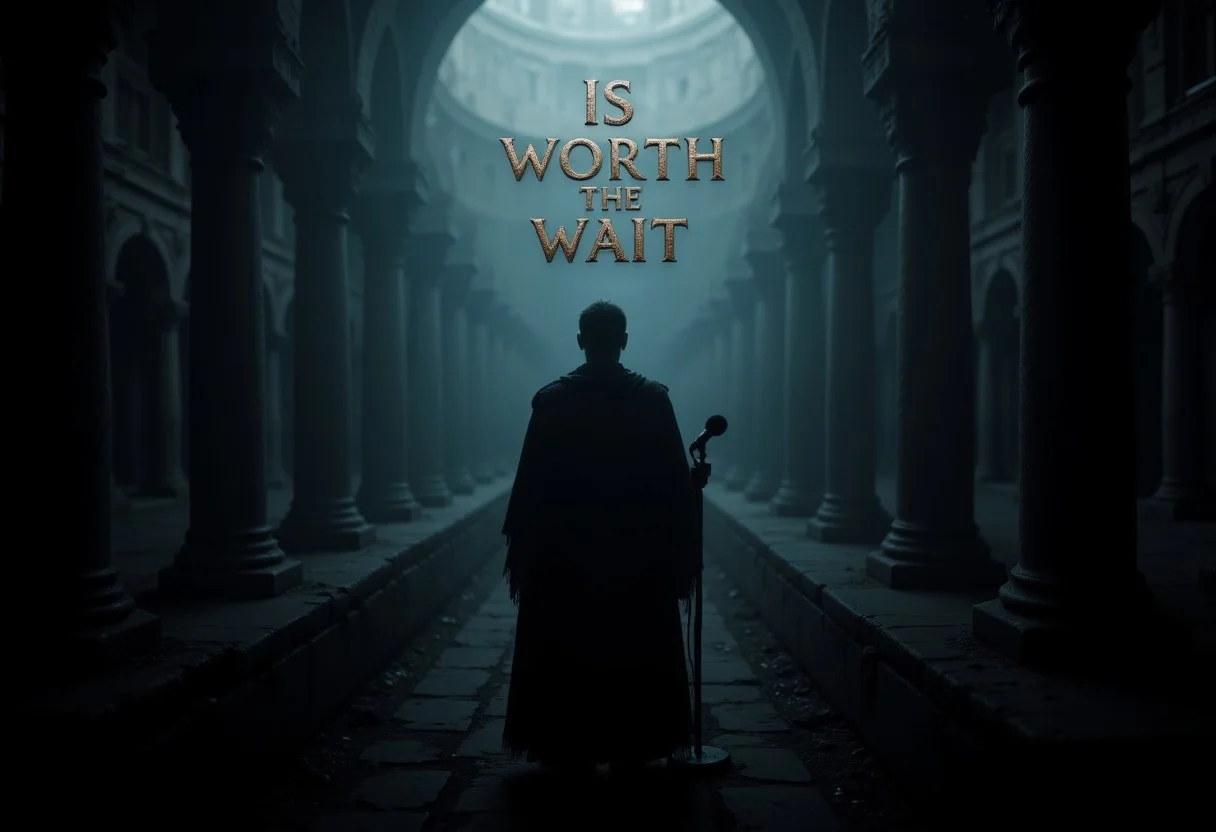 Song cover photo, Dark  silhouette of a gladiator with a microphone, inside a medieval colosseum temple with columns dark ambience, with text:"IS Worth the Wait" made with steel , aidmaabdhr, aidmaTextImprover