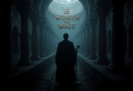 Song cover photo, Dark silhouette of a gladiator with a microphone, inside a medieval colosseum temple with columns dark ambience, with text:"IS Worth the Wait" made with steel , aidmaabdhr, aidmaTextImprover