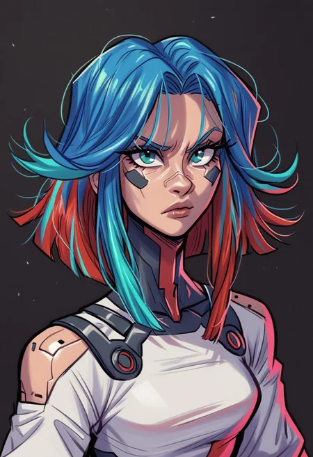 <lora:OC_Rae_Character_LoRA_PonyXL:1>
score_9, score_8_up, score_7_up, score_6_up, 1girl, BREAK,
Ra3lyn, Cyberpunk Style, masterpiece, best quality, good quality, very aesthetic, absurdres, newest, 8K, depth of field, half-face demon, focused subject, portrait, dynamic angle, action shot, 1girl, solo, medium hair, split hair, split-color hair, two tone hair, blue hair, red hair, (low-tied_long_hair), front locks, twin locks, front locks, white clothing, looking at viewer, fierce look, organic, the cyborg is very sinister and dangerous, cross_draw, glowing katana, thermal katana, sword_draw, iaido, one_hand_on_sheath, unsheathing, duality, light and shadow, dark and bright
in the style of cksc, zPDXL <lora:PonyXL_Teelokay_Style_LoRA:0.8>