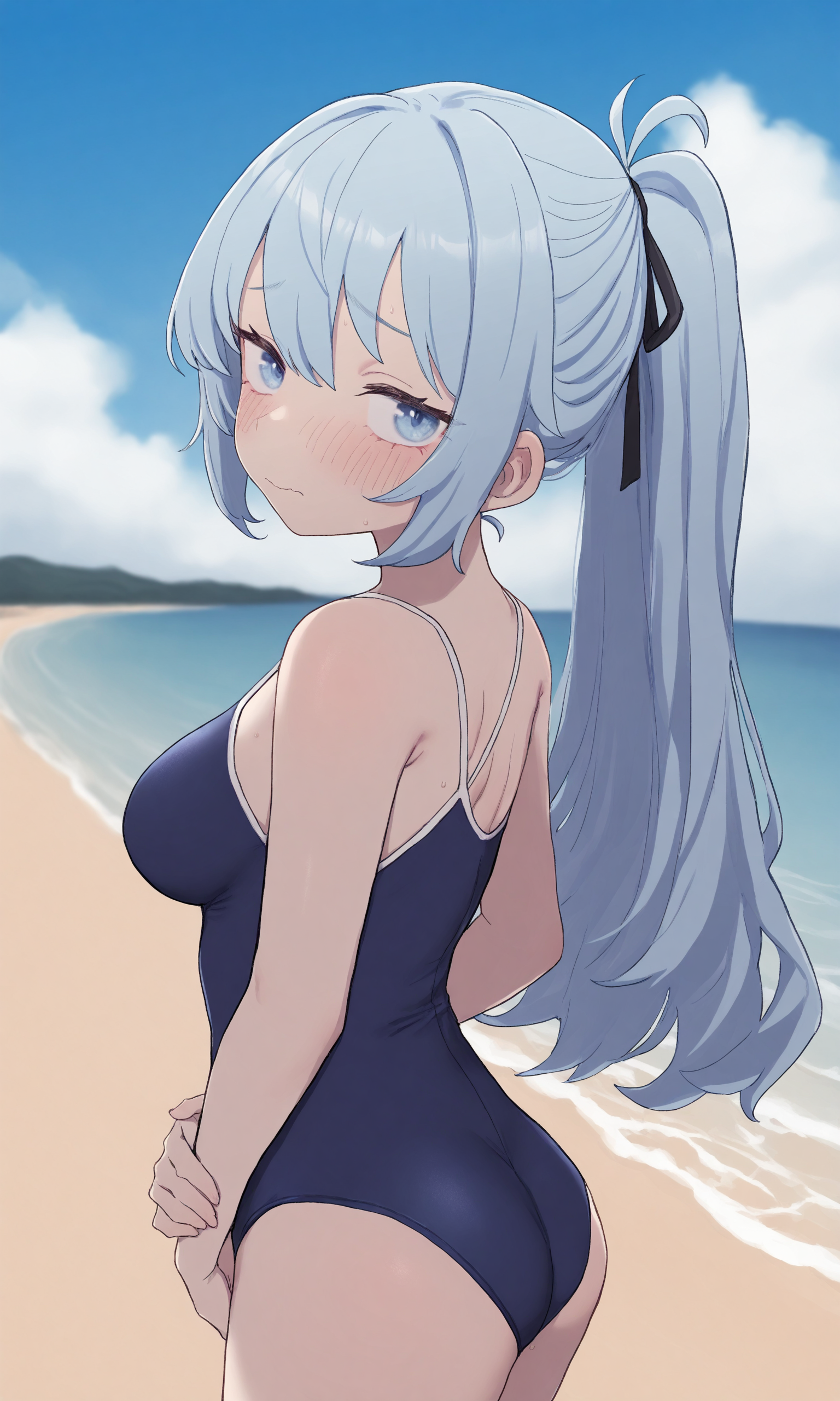 masterpiece, best quality, high resolution, absurdres, 1girl, saicastlestyle, large_breasts, blue_one-piece_swimsuit, blue_hair, ponytail, blue_eyes, ass, embarrassed, looking_at_viewer, water, outdoors, sky, beach, day