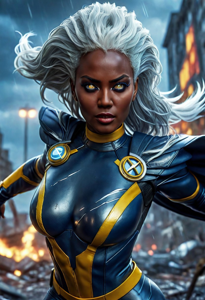 UltUltra detailed digital art masterpiece, Hyperdetailed, hyperrealism, extremely high resolution of Beautiful black Superheroine Ororo Munroe as Storm, Greg Rutkowski style, stands in a bloody, sinister battle in the streets of a ruined city, Realistic black eyes, wavy grey hair, Intricately designed blue and yellow X-Men Superheroine combat costume with X logo, Marvel, X-Men, 8K, deep color, Cinematic Lighting, intricate smooth, sharp focus digital painting, Artgerm, WLOP, Greg Rutkowski, Beautiful 21 years old Ororo Munroe as Storm, Intricately Designed handsome black face, Marvel comics, Realistic combat dirty clothing, perfect whole athletic body, defiant and seductive, Photograph Taken on Nikon D750, Intricate Elegant, Digital Illustration, Scenic, Unreal Engine, CryEngine, Octane Render, 8k, Designed combat clothes, Attractive, Attractive black woman, dramatic lighting, wet and sweaty skin, beautiful firm Breasts, Daylight, Concept art by Greg Rutkowski, adding to the intense and dynamic atmosphere of the scene