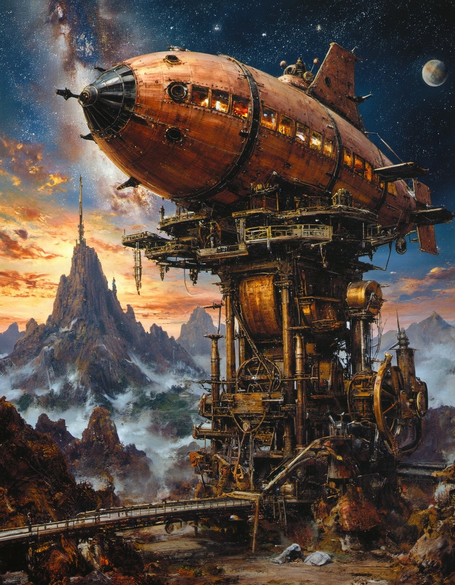 An enormous, intricately detailed steampunk-inspired space citadel hovers amidst a breathtaking galactic backdrop, its architecture reminiscent of a Victorian-era industrial city suspended in the stars. Its massive dirigible-like upper hull, constructed from aged copper and riveted steel, houses an array of observation decks and mechanical control rooms, their amber-lit windows revealing glimpses of an advanced society thriving within. Below, the citadel extends downward into a labyrinth of interconnected chambers, adorned with brass piping, exposed gears, and massive rotating mechanisms, exuding the essence of a bygone era of mechanical ingenuity. Steam-powered engines and enormous gears hum with kinetic energy, while metallic bridges and catwalks interlink various sections of the structure. The infinite cosmic expanse surrounds the citadel, with swirling nebula clouds casting iridescent hues against its metallic surfaces, while shimmering stars and floating asteroids complete the grand celestial tableau of this surreal, mechanical marvel.
 <lora:aidmaHyperrealism-FLUX-v0.3:0.6> <lora:FluxDFaeTasticDetails:0.25> <lora:fechin-FLUX:0.75>