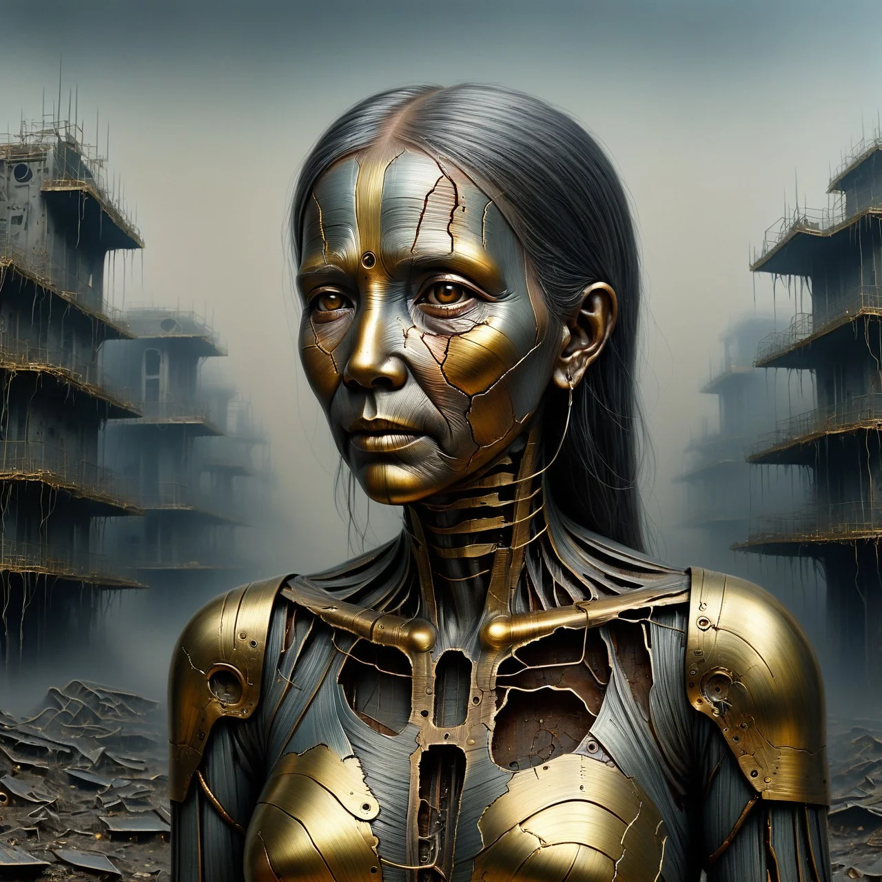 cs-m3tal-400 fantasy, a coloured line drawing of a mature tarnished corroded cracked Filipino female ethereal ghost walking in a postapocalyptic urban landscape, ground fog. Their bodies have networks of fine glowing (gold:0.33) veins. Intricate, very detailed