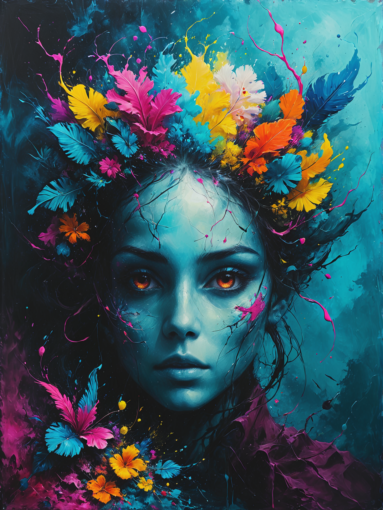 a Neural artist visualizing dreams and thoughts in a Transdimensional marketplace trading exotic artifacts, ultra-fine digital painting, <lora:xl_more_art-full_v1:0.3>,  <lora:Desolation:0.6> <lora:gorgoeus_splash_of_vibrant_paint:0.7> Gorgeous splash of vibrant paint