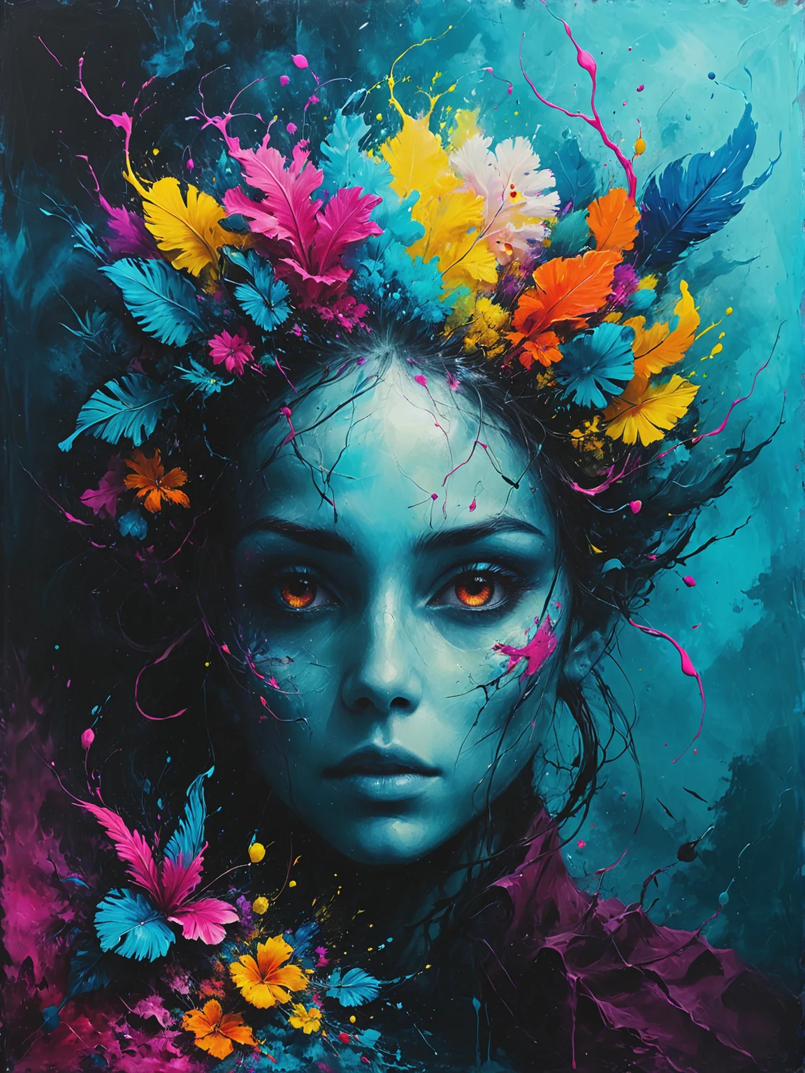 a Neural artist visualizing dreams and thoughts in a Transdimensional marketplace trading exotic artifacts, ultra-fine digital painting, <lora:xl_more_art-full_v1:0.3>, <lora:Desolation:0.6> <lora:gorgoeus_splash_of_vibrant_paint:0.7> Gorgeous splash of vibrant paint
