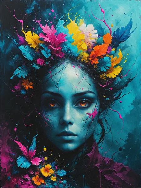 a Neural artist visualizing dreams and thoughts in a Transdimensional marketplace trading exotic artifacts, ultra-fine digital painting, <lora:xl_more_art-full_v1:0.3>, <lora:Desolation:0.6> <lora:gorgoeus_splash_of_vibrant_paint:0.7> Gorgeous splash of vibrant paint
