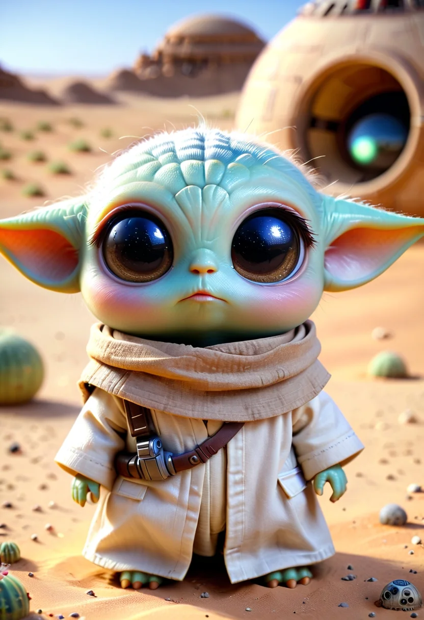 pam-swtvrld grogu from star wars,tatooine,full depth of field and realistic textures,highly detailed,masterpiece,high quality