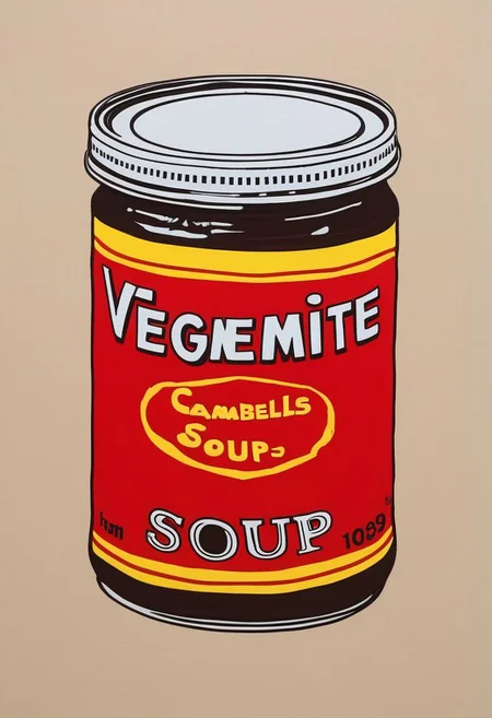 VegemiteArt, cambells soup can by Andy Warhol but instead it's Vegemite