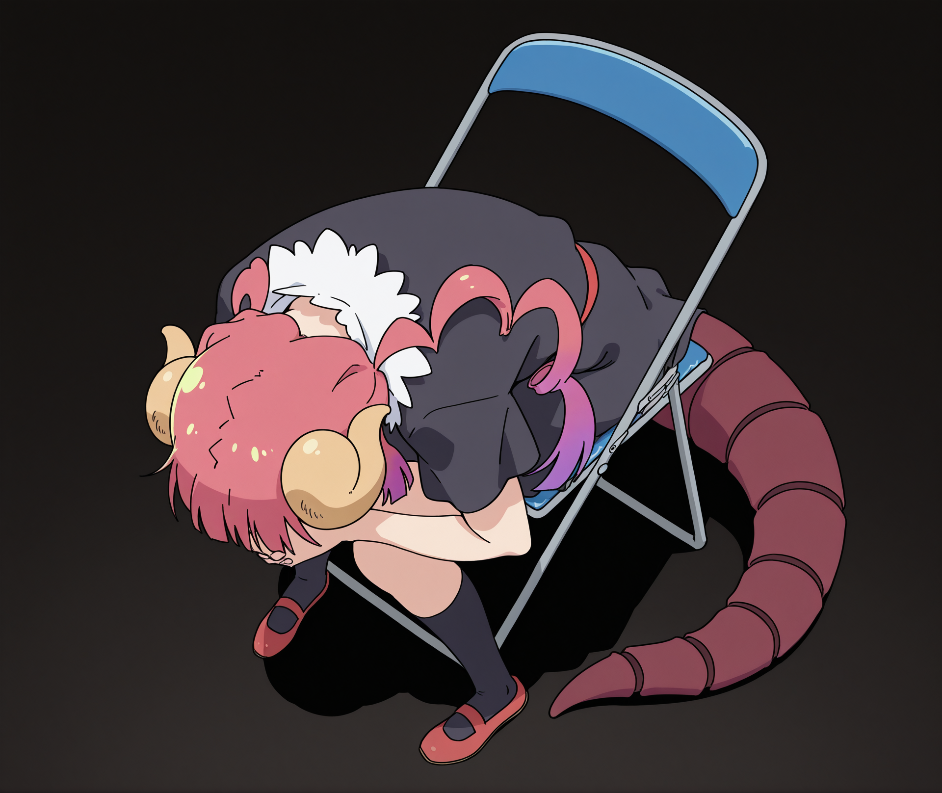 highres, hi res, best quality, masterpiece, 2d, intricate details, 4k, anime coloring, uncensored, shaded, shadow, countershading,
1girl, solo, female, long hair, pink hair, dragon horns, dragon girl, dragon tail, ilulu \(maidragon\), kobayashi-san chi no maidragon,
shoes, black dress,
sitting, full body, from above, chair, parody, meme, own hands clasped, head down, folding chair, 
depth of field, black background, <lora:Shinji_in_a_Chair_meme_ILXL:1>, shinji in a chair \(meme\),