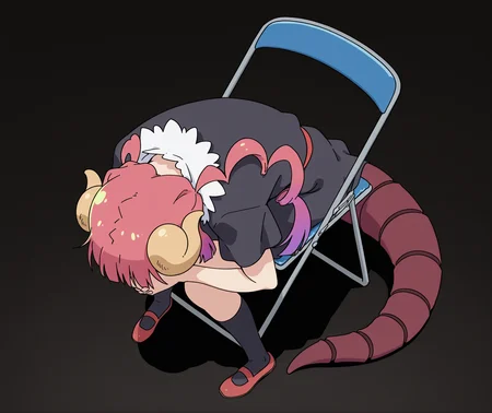 highres, hi res, best quality, masterpiece, 2d, intricate details, 4k, anime coloring, uncensored, shaded, shadow, countershading,
1girl, solo, female, long hair, pink hair, dragon horns, dragon girl, dragon tail, ilulu \(maidragon\), kobayashi-san chi no maidragon,
shoes, black dress,
sitting, full body, from above, chair, parody, meme, own hands clasped, head down, folding chair,
depth of field, black background, <lora:Shinji_in_a_Chair_meme_ILXL:1>, shinji in a chair \(meme\),