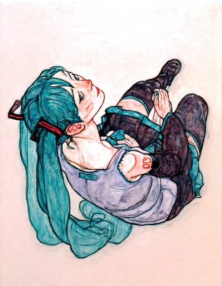 traditional media, painting (medium), Gaouch \(medium\), 1girl,solo,hatsune miku, hatsune miku \(cosplay\), sitting, head tilt, resting, leg up, full body,nape, from above,