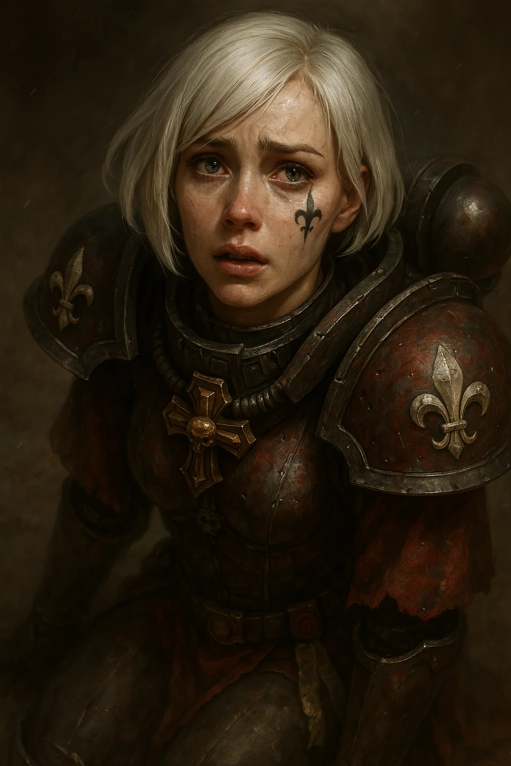 A photorealistic, emotionally charged close-up of an Adepta Sororitas (Sister of Battle) from the Warhammer 40,000 universe. The composition is shot from a slightly elevated angle, with a subtle fisheye lens effect, creating a sense of intimacy and psychological intensity.

The Sororitas is seen on her knees, her arms resting limply at her sides, as if she has just collapsed in emotional or physical exhaustion. Her body is turned slightly so her upper torso faces just off-center, but her head is turned toward the viewer, eyes wide, filled with emotion and vulnerability, glistening with the hint of tears she refuses to shed.

She wears battle-scarred power armor, deep crimson or obsidian in tone, with gothic trim and purity seals, the iconic fleur-de-lis embossed on her pauldrons. Her short white bob haircut frames her face, with long angled bangs that sweep dramatically across her forehead. Beneath one eye, she bears a black fleur-de-lis tattoo, a mark of devotion. Her features are soft, symmetrical, and innocent — her beauty is not glamorous, but reverent, evoking purity and heartbreak at once.

Her lips are slightly parted, as if stunned or breathless, and there's dust and ash in the air. Small scratches and wear add realism to her face and armor, catching the low, dramatic lighting.