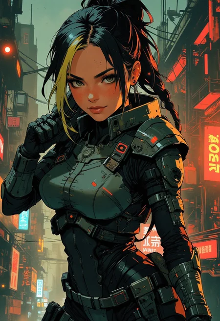 magnificent, closeup portrait, female bounty hunter, braided black hair, two tone hair, blonde highlights in hair, futuristic armor, sci-fi, sleek armored bodysuit, shoulder plates, hip plates, sexy, curvy, large breasts, large ass, rifle, aiming rifle, pointing rifle, Cyberpunk City, Neon Lights, foreshortening,
looking at viewer, solo, smirk, cocky smirk, godrays, raytracing, 
Cowboy Shot, close up, from above,