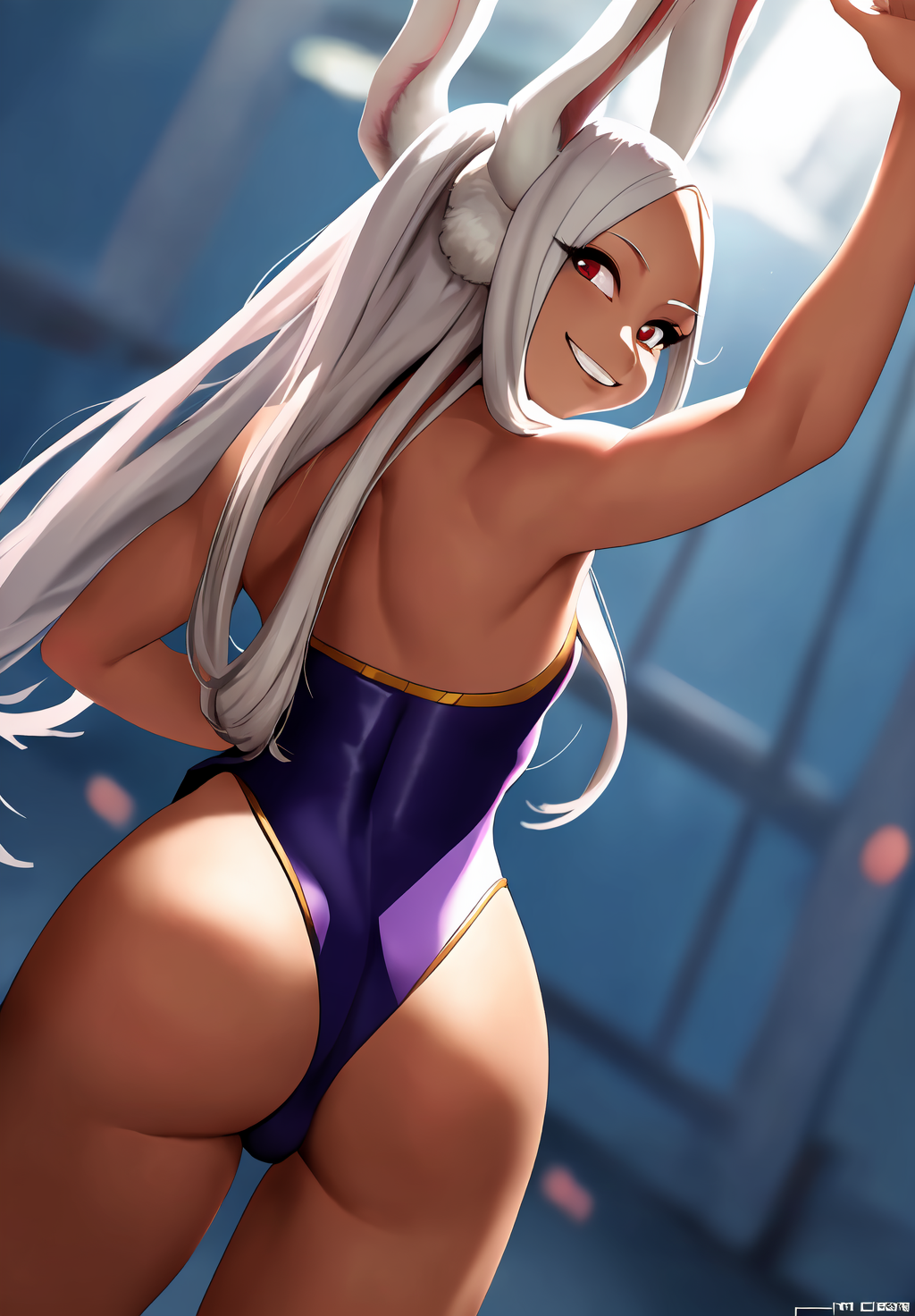 <lora:miruko:0.8>, miruko, (masterpiece, best quality,perfect lighting), 1girl, solo, smirk, action pose, leotard, (portrait, from behind, looking back,)