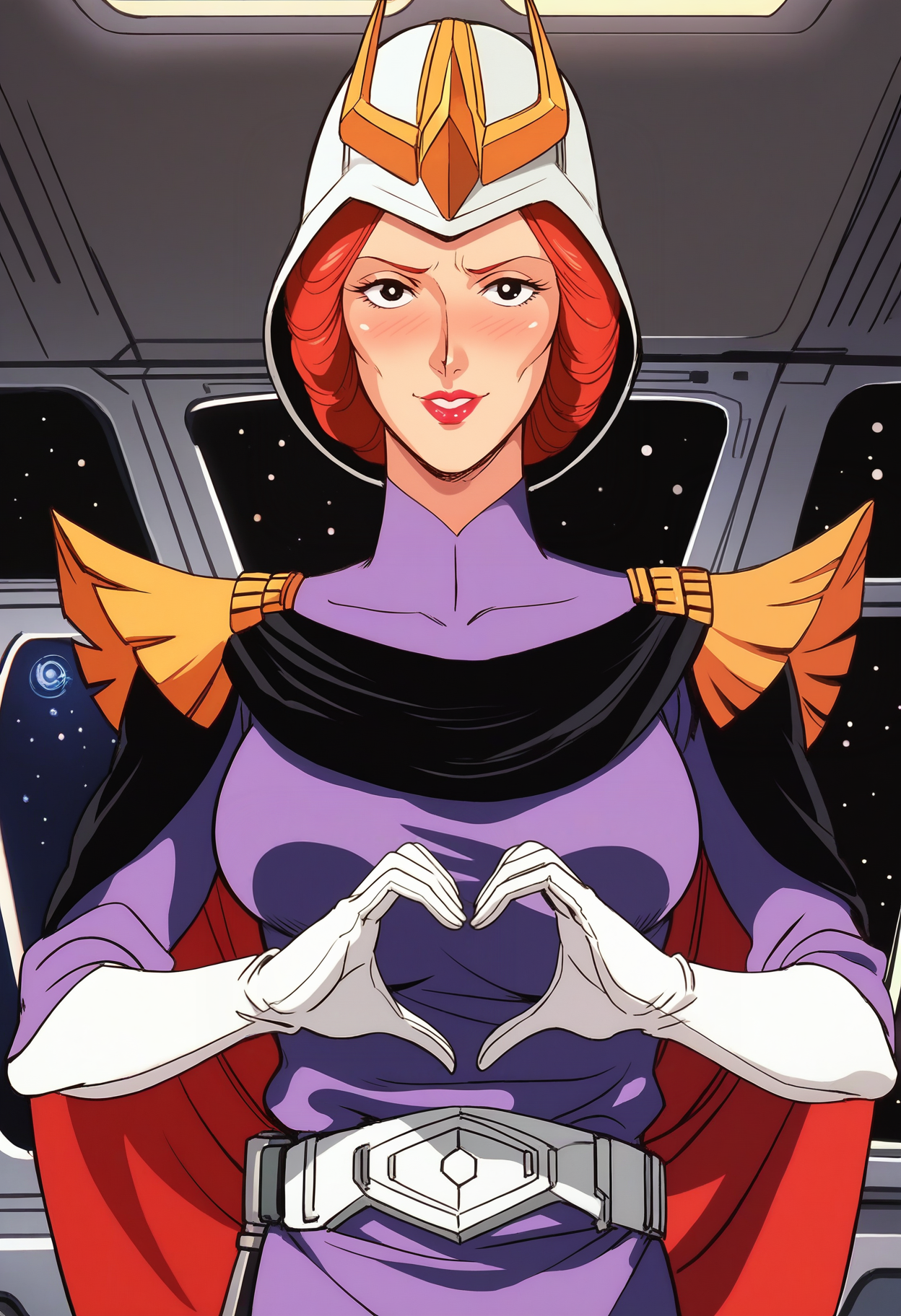 score_9, score_8_up, score_7_up, score_6_up, anime screencap, anime coloring, <lora:FGKycilia:0.9>, FGKycilia, 1girl, solo, red hair, helmet, no ears, black eyes, lipstick, breasts, 
military uniform, belt, cape, white gloves,
heart hands, blush, looking at viewer, embarrassed, smile,
BREAK spacecraft interior, window, space,