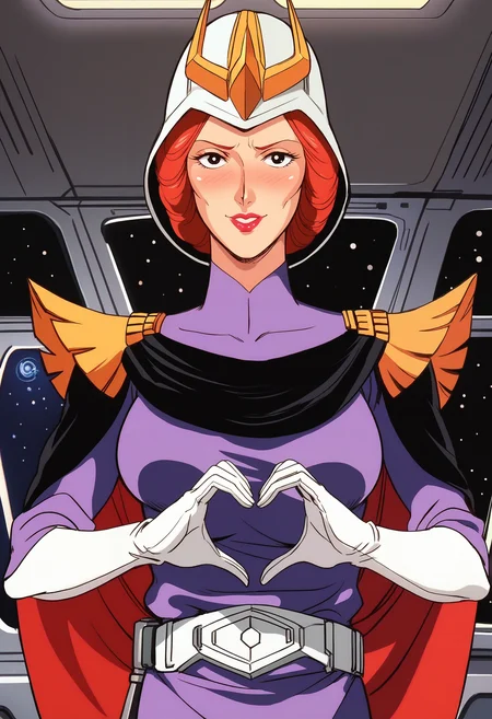 score_9, score_8_up, score_7_up, score_6_up, anime screencap, anime coloring, <lora:FGKycilia:0.9>, FGKycilia, 1girl, solo, red hair, helmet, no ears, black eyes, lipstick, breasts, 
military uniform, belt, cape, white gloves,
heart hands, blush, looking at viewer, embarrassed, smile,
BREAK spacecraft interior, window, space,