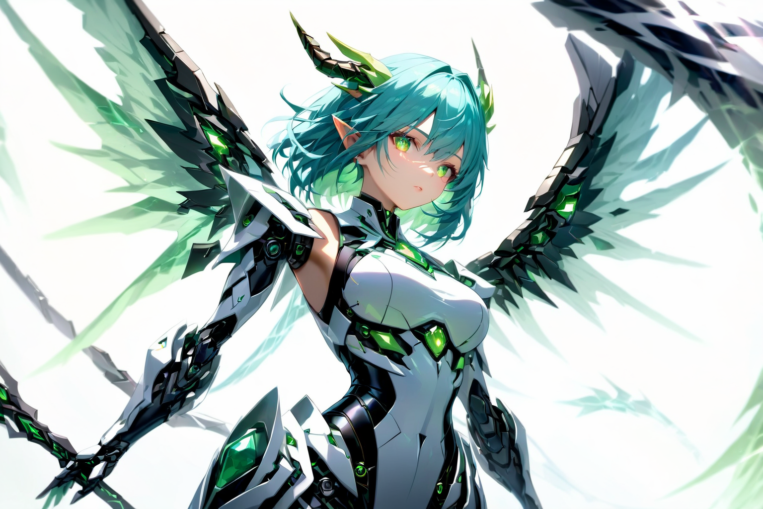 Jed-rbt, Dragon girl, 1girl, dynamic angle, dragon horn, hair ornament, Electromancer, crystal wings, green gemstone, jade \(gemstone\), (Depth of field hdr 8k 4k wallpaper cinematic angle, cinematic lighting:1.2), [(white background:1.2)::0.2], (atmospheric perspective background:1.2), newest, highres, illustration, incredibly absurdres, ultra detailed, masterpiece, best quality, [<lora:detailed_notrigger:0.95>::0.5], [:<lora:loraeyesxl:1.05>:0.5], <lora:RoboStyle:1><lora:aesthetic_anime_v1s:1.2>
