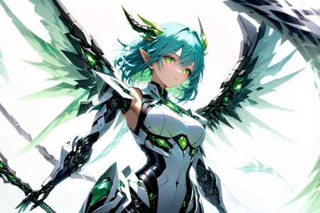 Jed-rbt, Dragon girl, 1girl, dynamic angle, dragon horn, hair ornament, Electromancer, crystal wings, green gemstone, jade \(gemstone\), (Depth of field hdr 8k 4k wallpaper cinematic angle, cinematic lighting:1.2), [(white background:1.2)::0.2], (atmospheric perspective background:1.2), newest, highres, illustration, incredibly absurdres, ultra detailed, masterpiece, best quality, [<lora:detailed_notrigger:0.95>::0.5], [:<lora:loraeyesxl:1.05>:0.5], <lora:RoboStyle:1><lora:aesthetic_anime_v1s:1.2>