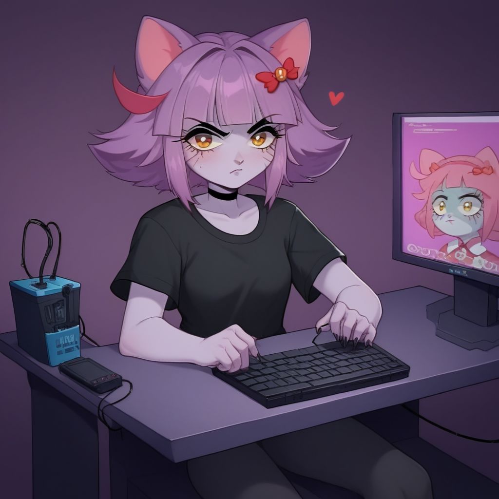 score_9, score_8_up, score_7_up, masunya, masyunya (vkontakte), masyunya /(vkontakte/), cat ears, ((purple skin color)), hair bow, (purple hair color:1.1), nyanma, cat girl, furry, wires, computer, cyborg, implants, dark room filled with electronic equipment, electronic equipment, retrofuturism <lora:Cyberpunk _Anime_sdxl:1>