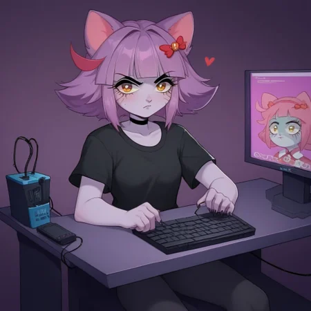score_9, score_8_up, score_7_up, masunya, masyunya (vkontakte), masyunya /(vkontakte/), cat ears, ((purple skin color)), hair bow, (purple hair color:1.1), nyanma, cat girl, furry, wires, computer, cyborg, implants, dark room filled with electronic equipment, electronic equipment, retrofuturism <lora:Cyberpunk _Anime_sdxl:1>