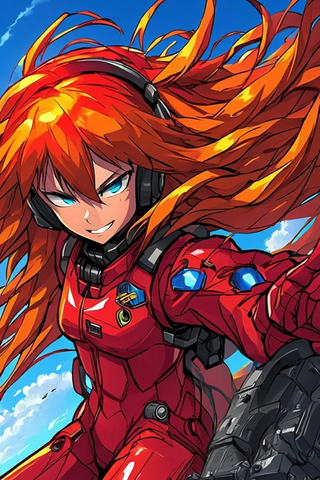 masterpiece, best quality, asuka langley soryu, long hair, bangs, blue eyes, brown hair, hair ornament, bodysuit, pilot suit, plugsuit, red bodysuit, interface headset, solo, looking at viewer, upper body, aura, blue sky, , BREAK, smile, looking at viewer, cowboy shot, <lora:EnergyCATSDXL_v1:1.0>,