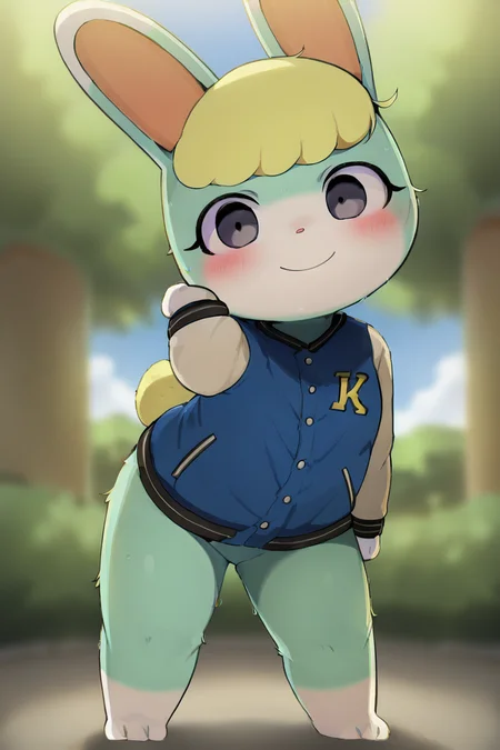 solo, 1boy, male, sasha, smile, BREAK blue jacket, letterman jacket, bottomless, barefoot, BREAK outdoors, forest, trees, colorful, looking at viewer, portrait, BREAK ((ultra-detailed)), ((best quality)), ((best quality)), ((beautiful eyes)), ((extremely detailed)), 4K, (8K), best quality, (beautiful), Master piece, highres, score_9, score_8_up, score_7_up, score_6_up, score_5_up, score_4_up, colorful, best quality, official art, highres, masterpiece, nai3, god light, detailed background, high quality background, AddXL, <lora:more_details:1> <lora:light_sharp_style_magin3.1:1> <lora:Sasha_Dagashi_Style_from_Animal_Crossing:1>
