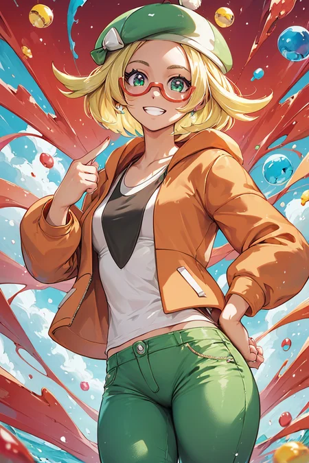 score_9, score_8_up, score_8, medium breasts, (curvy), cute, eyelashes, BREAK, , ,,, zzBianca, blonde hair, short hair, green eyes, green hat, glasses, orange jacket, white shirt, green pants, <lora:Bianca_Pokemon_PDXL:0.8>, ,,,, BREAK, <lora:Hyperdriver_PDXL_v5:0.8>, ,,, BREAK, smile, looking at viewer, cowboy shot, embedding:zPDXL,