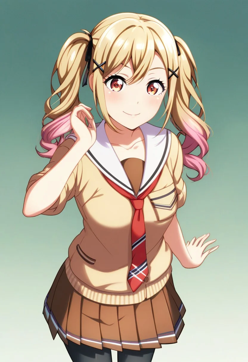 score_9, score_8_up, score_7_up, best quality, masterpiece, BREAK
saki, blonde hair, long hair, pink hair, gradient hair, red eyes, twintails, 1girl, solo, bangs, hair between eyes,
collarbone, collared shirt, yellow jacket, red necktie, loose nectie, white shirt, striped necktie, black thighhighs, black skirt, miniskirt, layered skirt, black ribbon, zettai ryouiki, saki_unit, ichigaya arisa, brown eyes,blonde hair,x hair ornament,twintails, (((hanasakigawa school uniform))),sailor collar ,((brown shirt,brown skirt)),black pantyhose, flirting, cowboy shot, simple background