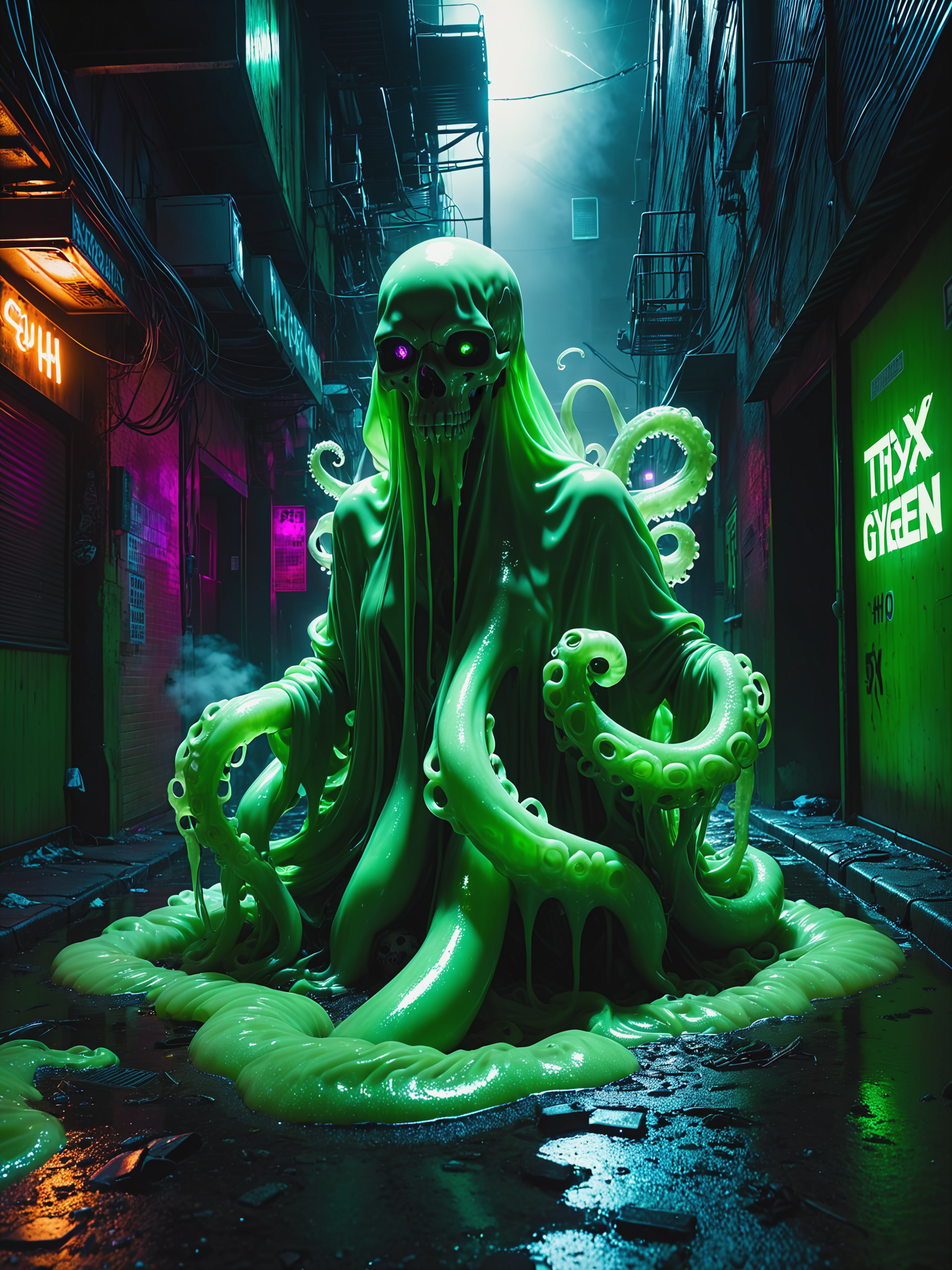 translucent mad-txcsprt ghost in a puddle of green goo, cyberpunk, smoke, tentacles,  dark alley, neon signs, garbage, night <lora:Neon_Cyberpunk_Toxic_Spirits_SDXL:0.6>, raw photo, film grain, (photorealistic, realistic:1.2), deep shadow,  8k, uhd, dslr, ultra high res