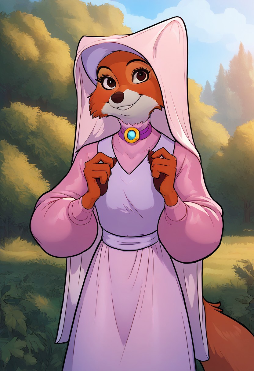score_9, score_8_up, score_8_up, by minnosimmins, by hioshiru 1girl, solo, source_furry, maid_marian, pink headwear, pink dress, orange fur, smiling, looking at viewer, standing in a forest, sunlit