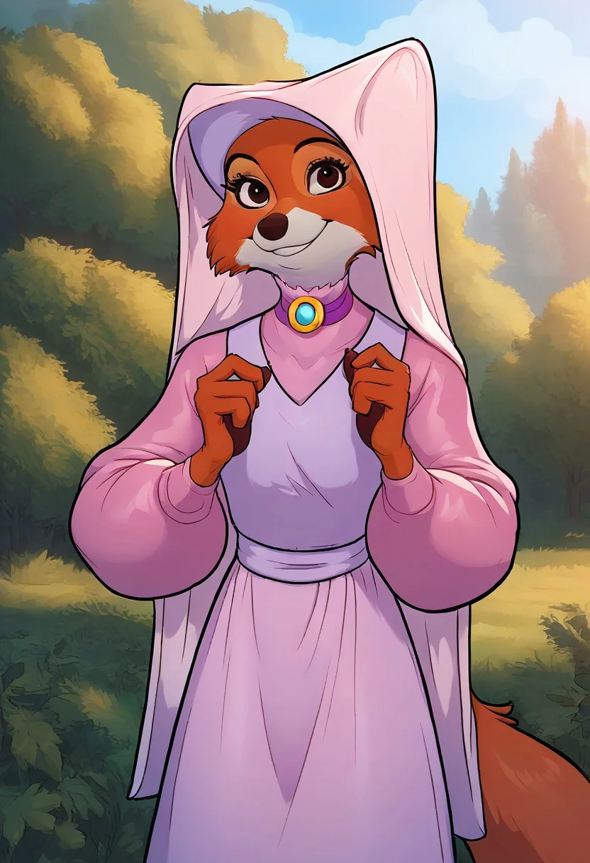 score_9, score_8_up, score_8_up, by minnosimmins, by hioshiru 1girl, solo, source_furry, maid_marian, pink headwear, pink dress, orange fur, smiling, looking at viewer, standing in a forest, sunlit
