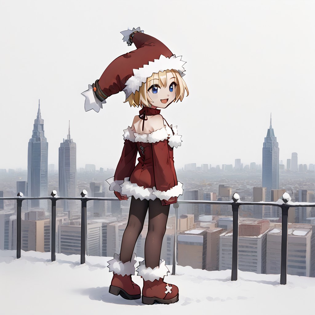 , cheek, fur-trimmed boots, 1girl_Witch, arched back, fur-trimmed headwear, Look here, white  background, 1girl_witch, solo, fur-trimmed dress, bare shoulders, red footwear, pantyhose, fur-trimmed sleeves, smile, open mouth,fur-trimmed red clothes, full body, outdoor,city,anime,animation,
