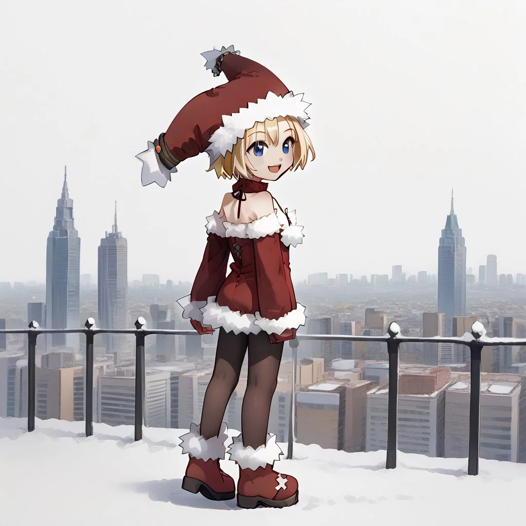 , cheek, fur-trimmed boots, 1girl_Witch, arched back, fur-trimmed headwear, Look here, white background, 1girl_witch, solo, fur-trimmed dress, bare shoulders, red footwear, pantyhose, fur-trimmed sleeves, smile, open mouth,fur-trimmed red clothes, full body, outdoor,city,anime,animation,