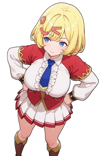 Smooth Quality,masterpiece,very intricate, high quality details, ultra realistic, high detailed skin,detailed enviorement,absurdres,
shaka sign,solo,
 <lora:Esyne_CNR:0.8> esyne_cnr, blue eyes, blonde hair, short hair,large breasts, hair ornament, hairclip, 
white shirt, blue necktie,long sleeves,red capelet,white skirt, pleated skirt, knee boots, center frills,, simple background, white background, dutch angle,
standing, hands on hips, feet apart, determined, looking forward,  ,, ^ ^,