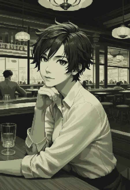 score_9, score_8_up,
green theme, monochrome, pixel, source_anime, bold lines, flat colors,
beautiful, restaurant, bar, modern,
looking at viewer, pretty eyes, Expressiveh,
dark eyebrows, medium breasts,
tomboy